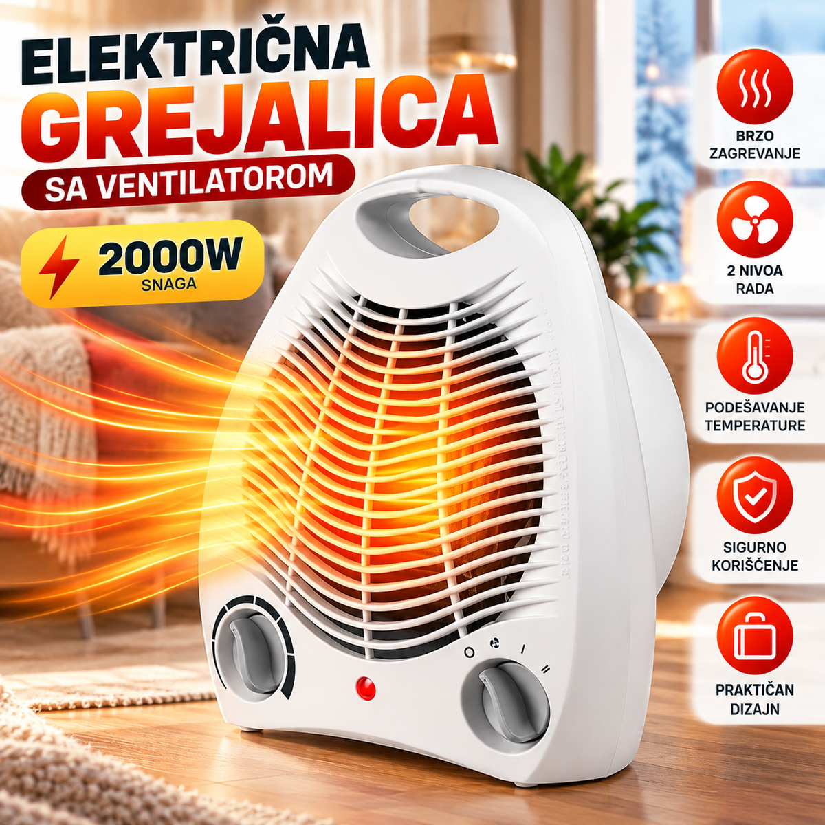 Električna Grejalica sa Ventilatorom 2000W – Sobna Grejalica sa Podesivom Temperaturom