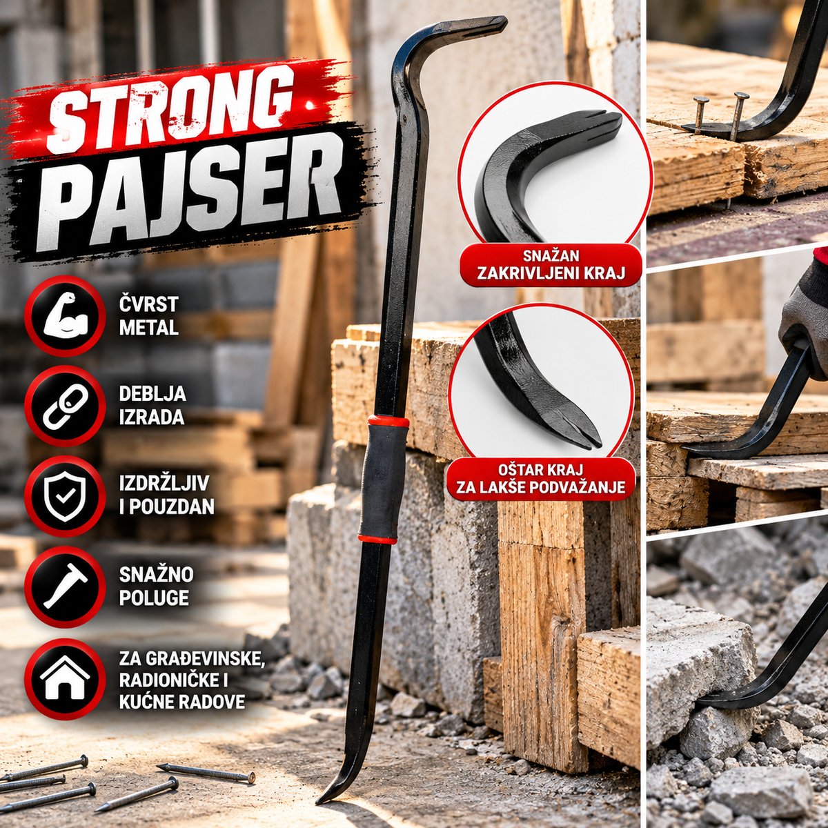 Pajser Strong Deblji – Čvrsti Metalni Pajser za Građevinske, Radioničke i Kućne Radove