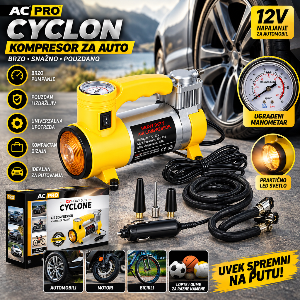 Kompresor za Auto AC-PRO CYCLON 12V – Prenosivi Auto Kompresor za Pumpanje Guma