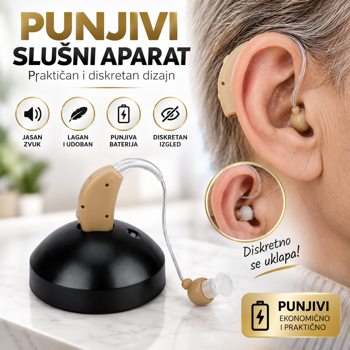 Punjivi Slušni Aparat za Poboljšanje Sluha – Digitalno Pojačalo Zvuka sa USB Punjenjem