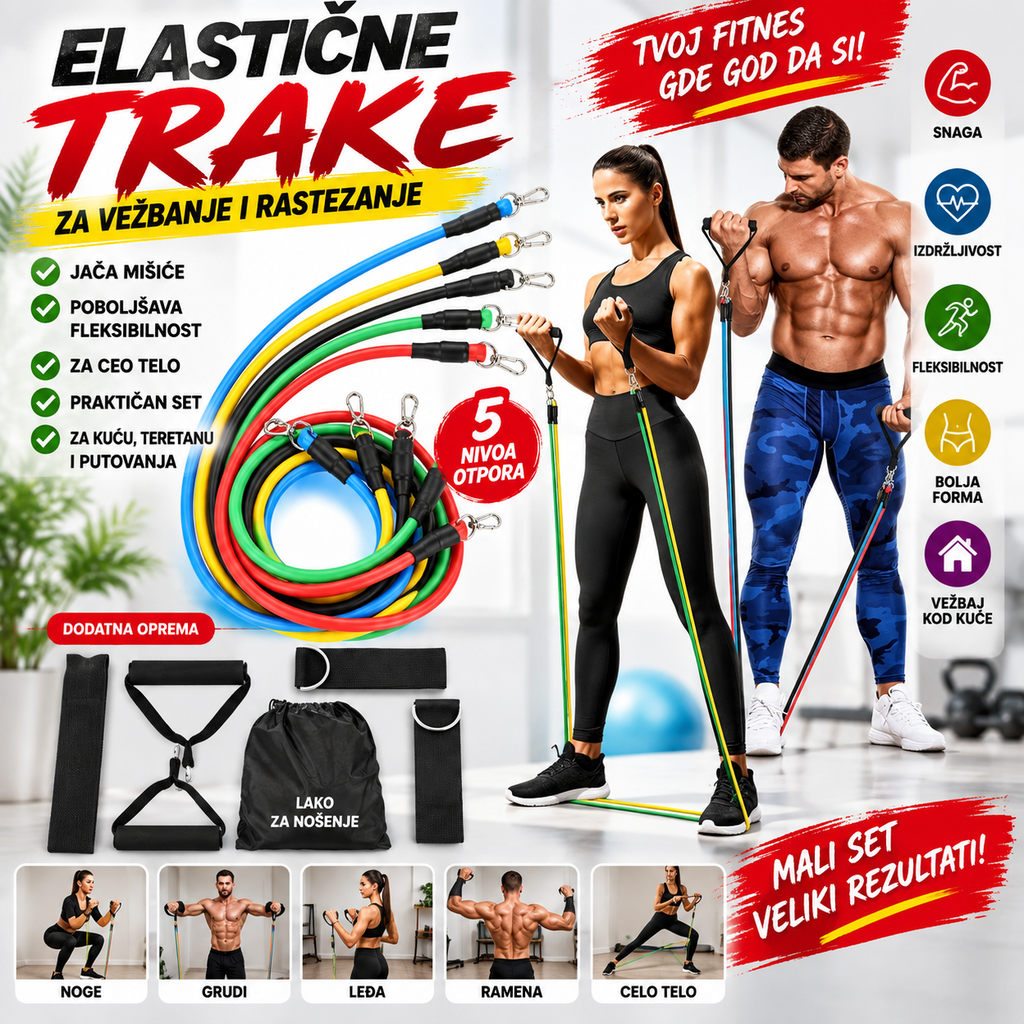 Elastične Trake za Vežbanje 11 Delova – Gume za Trening i Istezanje do 88 kg sa Ručkama