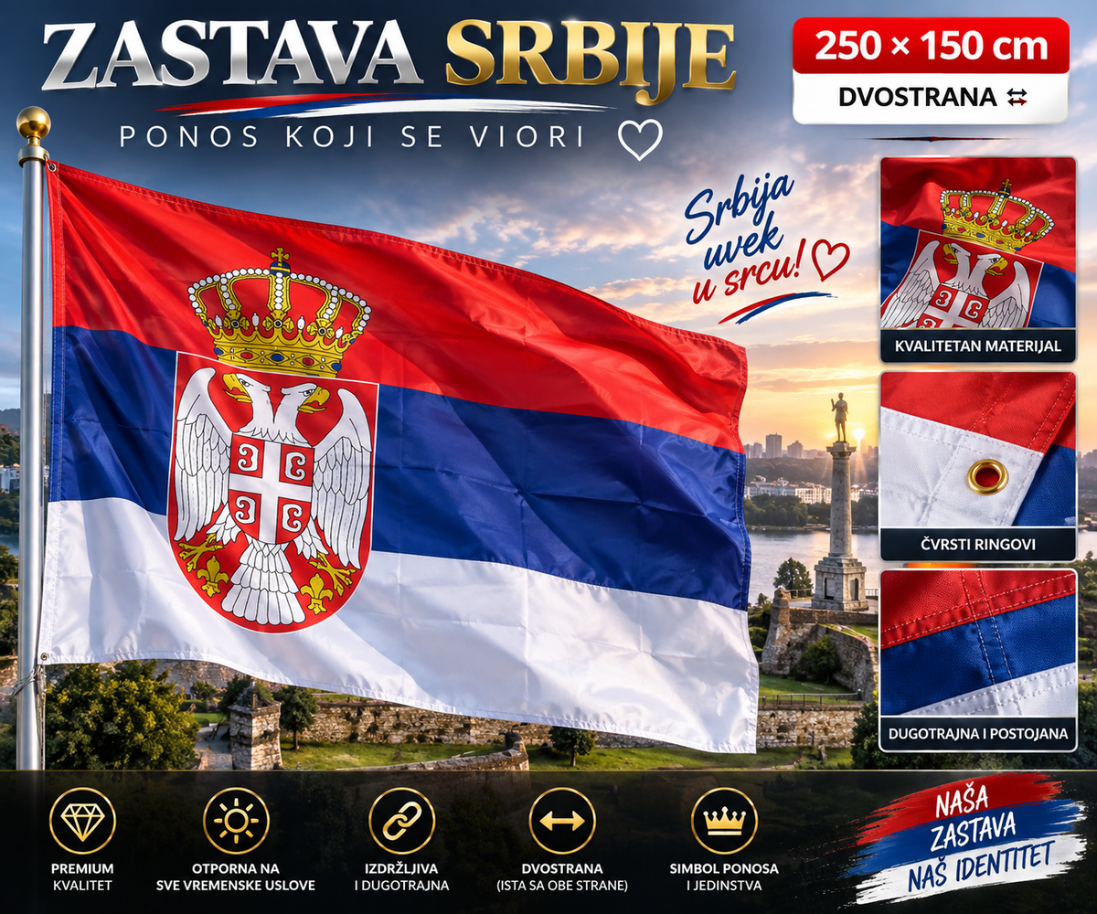 Zastava Republike Srbije Dvostrana 250x150 cm – Srpska Zastava za Unutrašnju i Spoljašnju Upotrebu