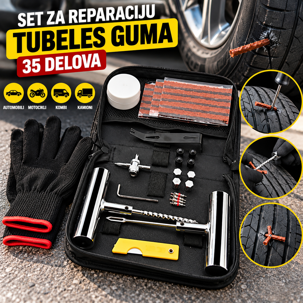 Set za Reparaciju Tubeless Guma 35 Delova – Komplet za Brzu Popravku Guma