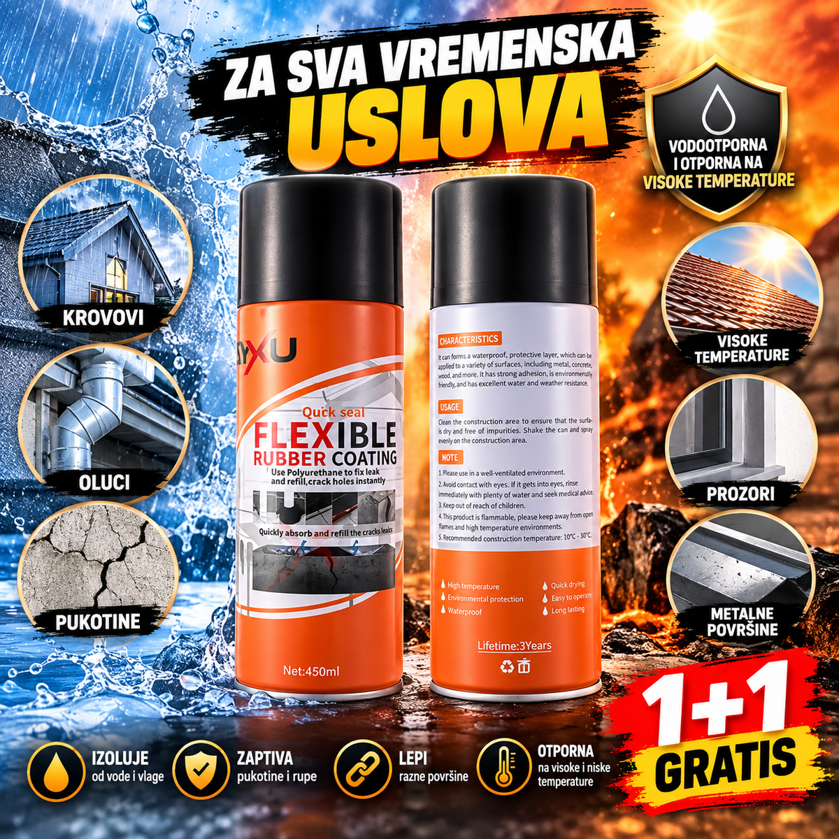 1+1 GRATIS Guma u Spreju – Univerzalna Gumena Izolacija, Zaptivanje i Lepljenje