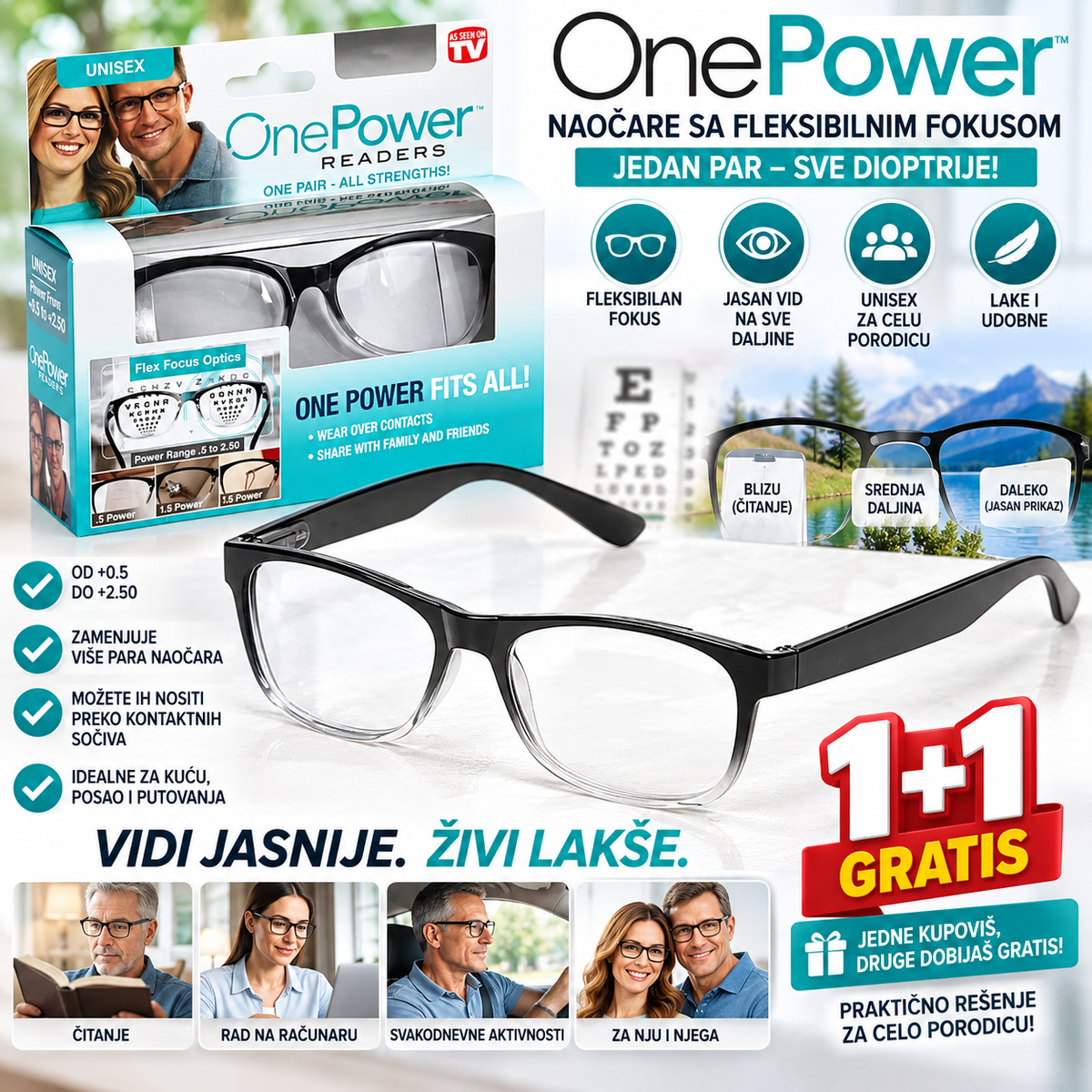 One Power naočare sa fleksibilnim fokusom 1+1 Gratis