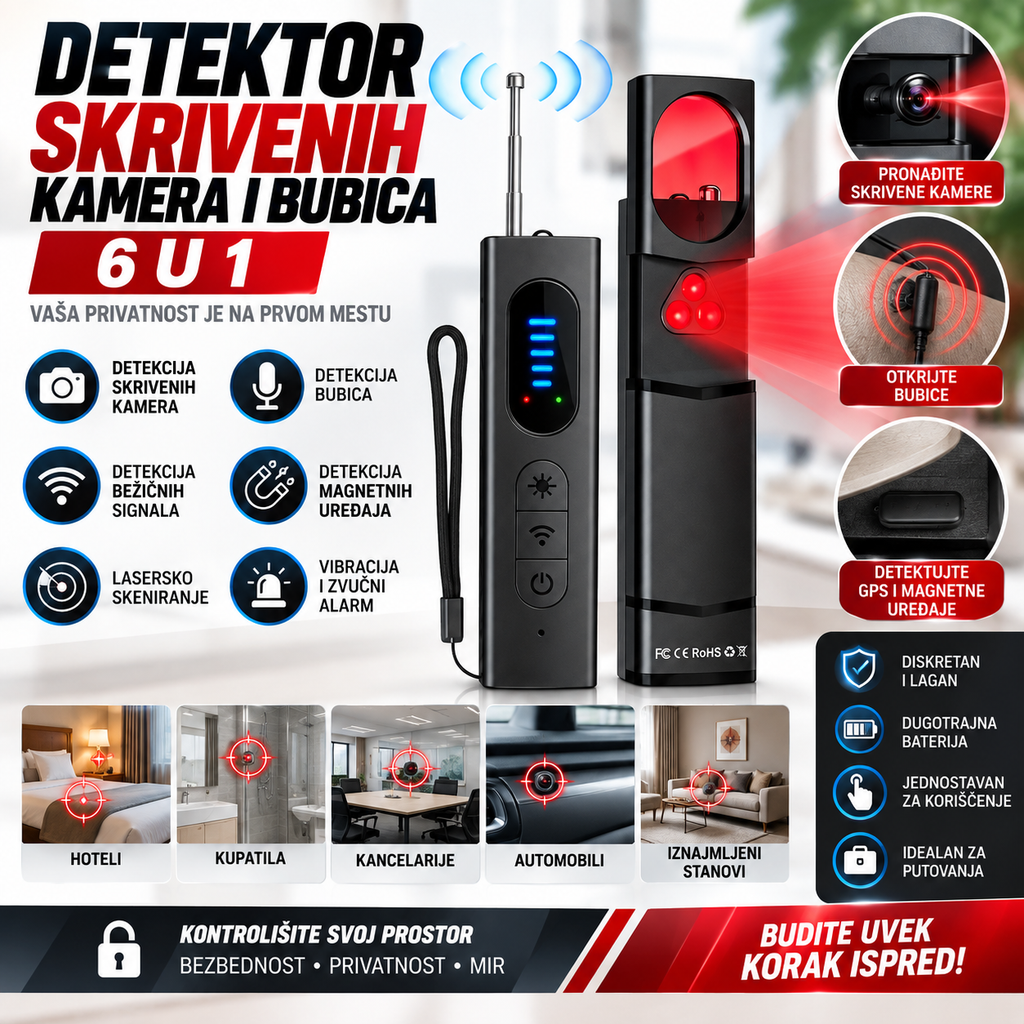 Detektor Skrivenih Kamera i Bubica 6 u 1 – RF Detektor za Pronalaženje Skrivenih Uređaja i Prisluškivača