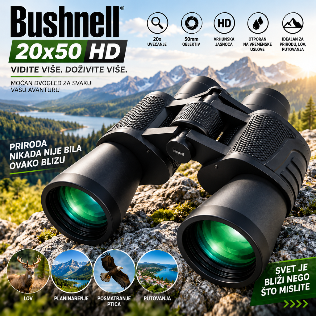 Dvogled Bushnell 20x50 – Profesionalni Binokular za Lov, Planinarenje, Posmatranje Prirode i Sport