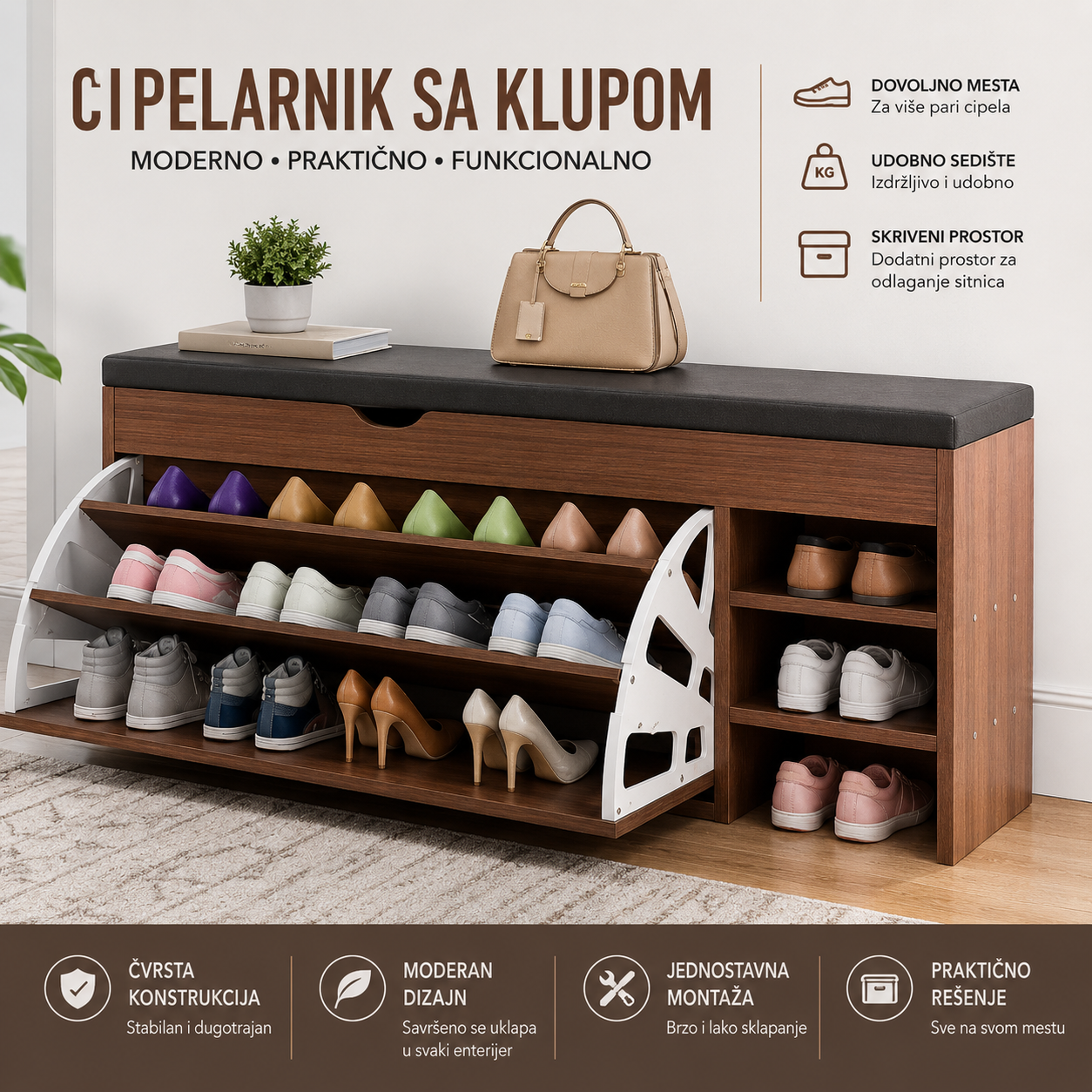 Cipelarnik sa Klupom i Sedištem 100cm – Moderan Ormar za Cipele sa Policama i Skrivenim Prostorom za Odlaganje