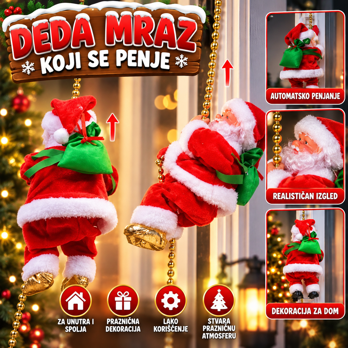 Muzički Deda Mraz koji se Penje – Novogodišnja Dekoracija i Igračka