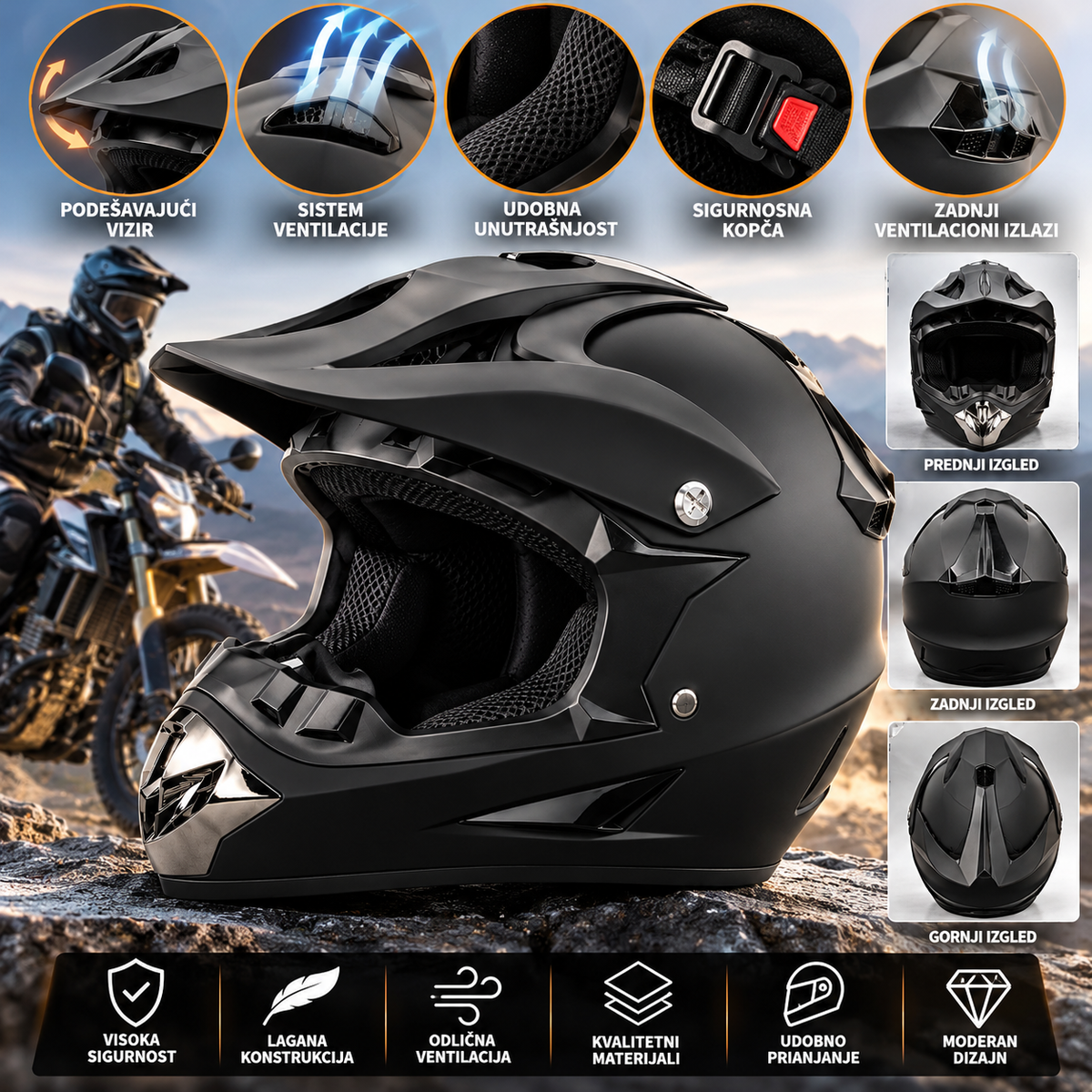 Cross i Enduro Kaciga za Motor i Kv ad – Integralna Zaštitna Kaciga sa Štitnikom i Ventilacijom