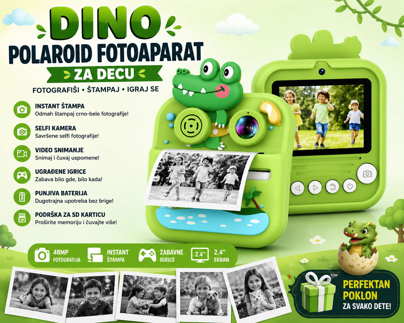DINO Polaroid Fotoaparat za Decu sa Instant Štampom – Selfi Kamera, Video Snimanje i Igre