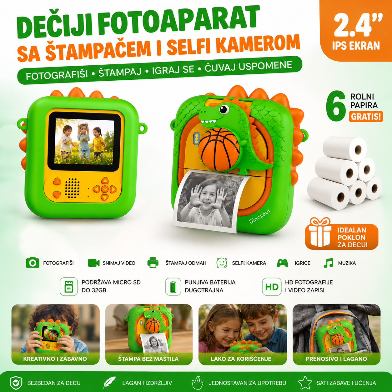 Dečiji Fotoaparat Dinosaurus sa Instant Štampačem i Selfi Kamerom – HD Kamera za Decu + 6 Gratis Rolni Papira za Printanje Fotografija