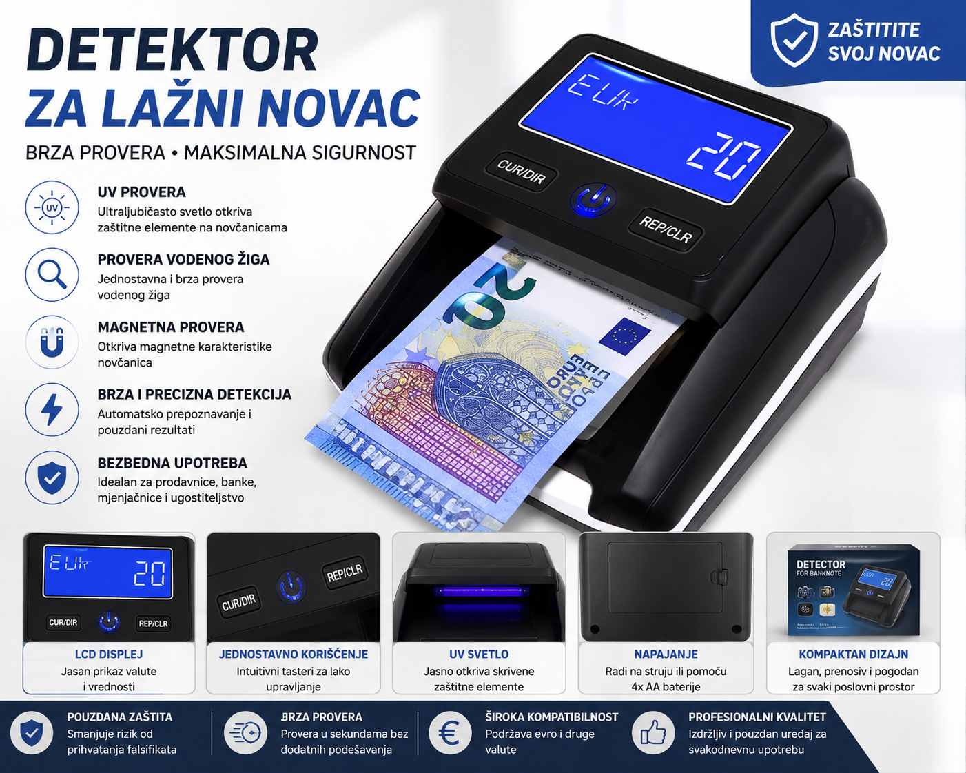 Detektor za Lažni Novac – UV i Magnetni Detektor Novčanica | Brza i Precizna Provera Valute