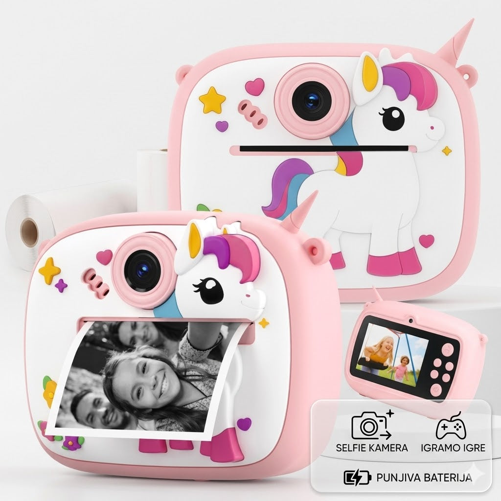 Digitalni Fotoaparat sa Štampačem za Decu PONI – Instant Print Kamera sa Igricama, Selfi Kamerom i Punjivom Baterijom