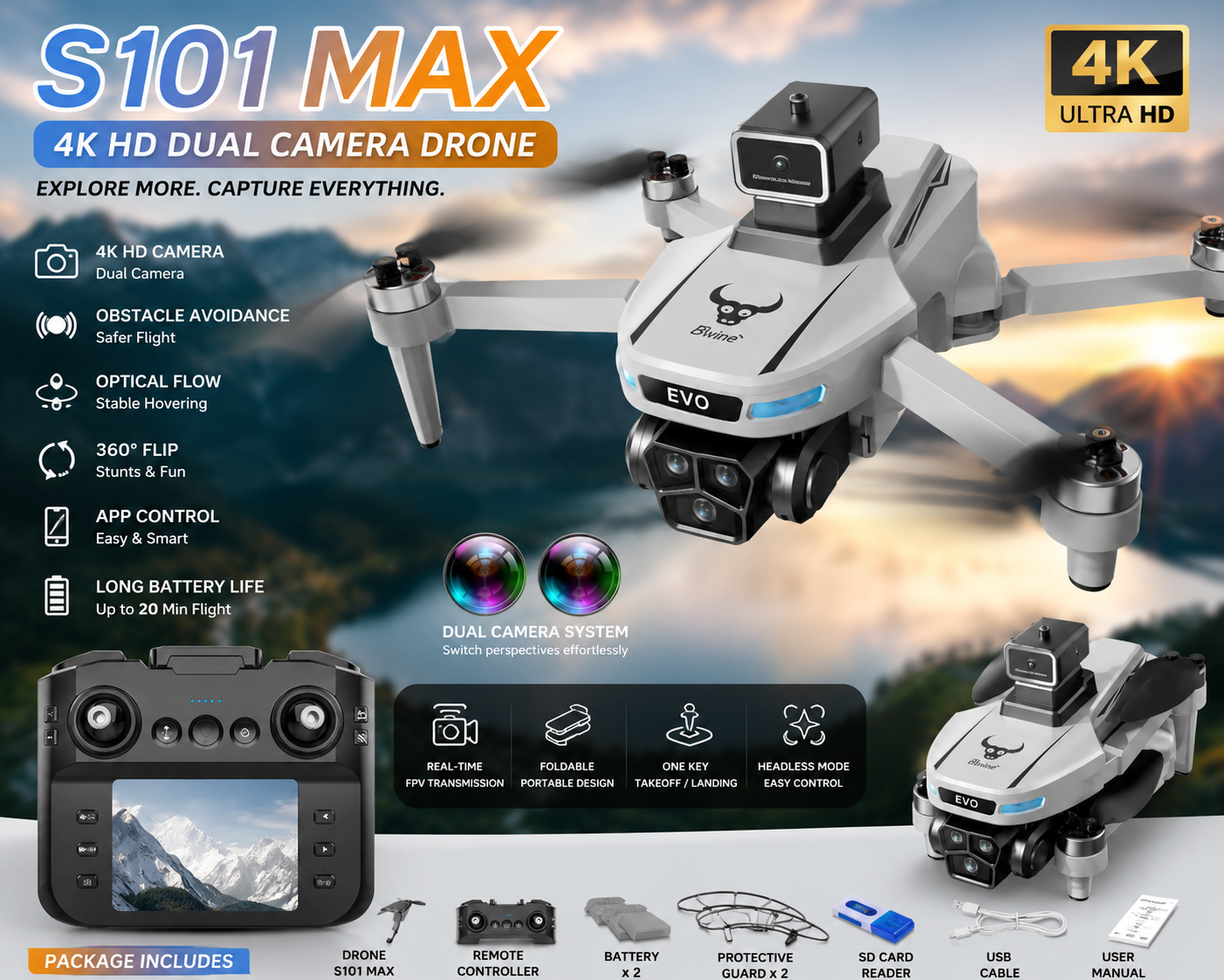 Dron S101 MAX 4K Dual Kamera – Sklopivi WiFi Dron sa HD Prenosom Uživo, Stabilizacijom Leta i Daljinskim Upravljačem
