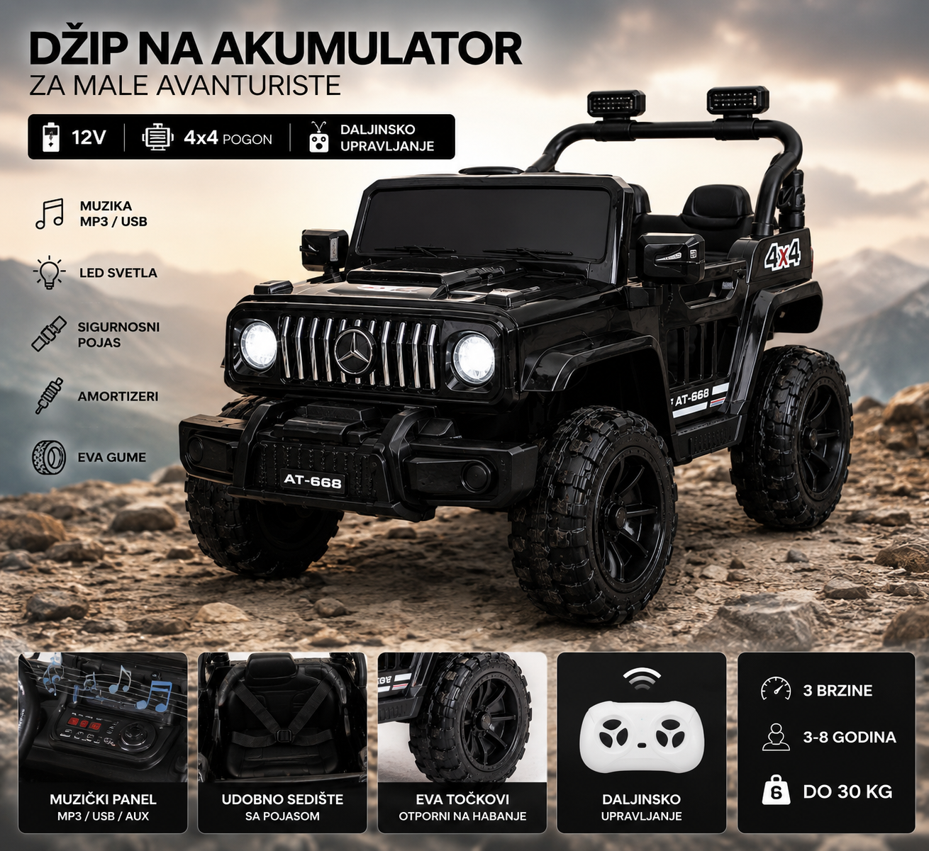 Džip na Akumulator za Decu 12V 4x4 – Električni Auto sa Daljinskim Upravljanjem