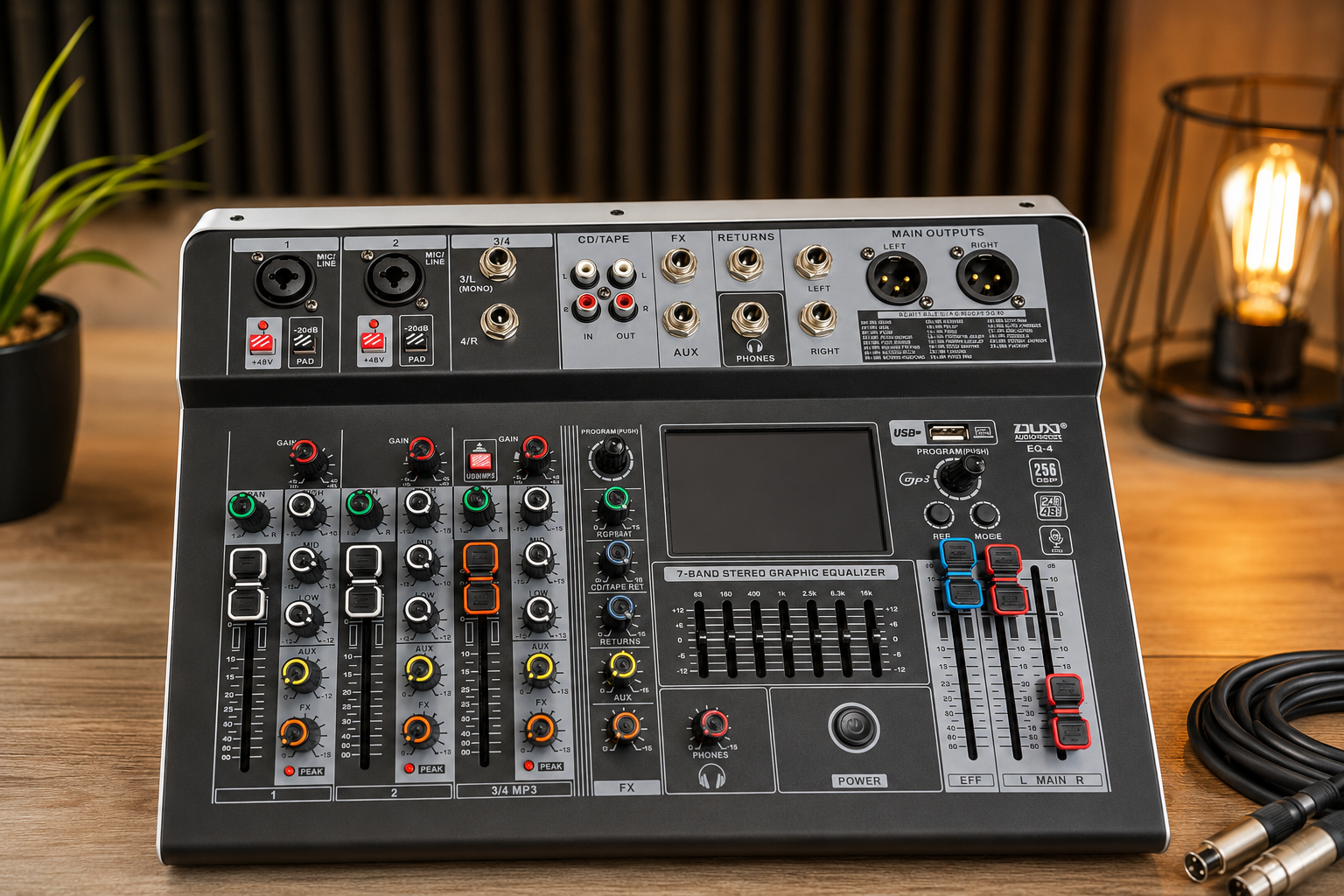 EQ-4 Profesionalna Audio Mikseta sa 4 Kanala – Bluetooth, USB/MP3, 48V Phantom, 7-Band EQ i DSP Efekti za DJ, Karaoke, Podcast i Studio
