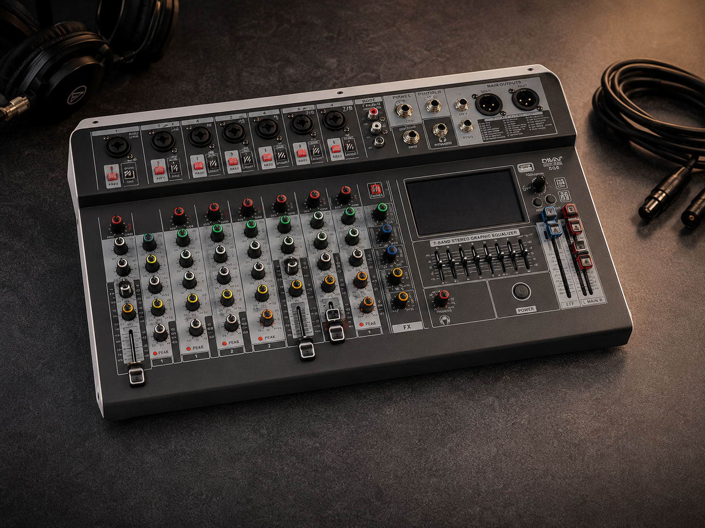 EQ-8 Profesionalni Audio Mikser 8 Kanala – Bluetooth, USB MP3, 48V Phantom, DSP Efekti i 7-Band EQ za Studio, DJ i Live