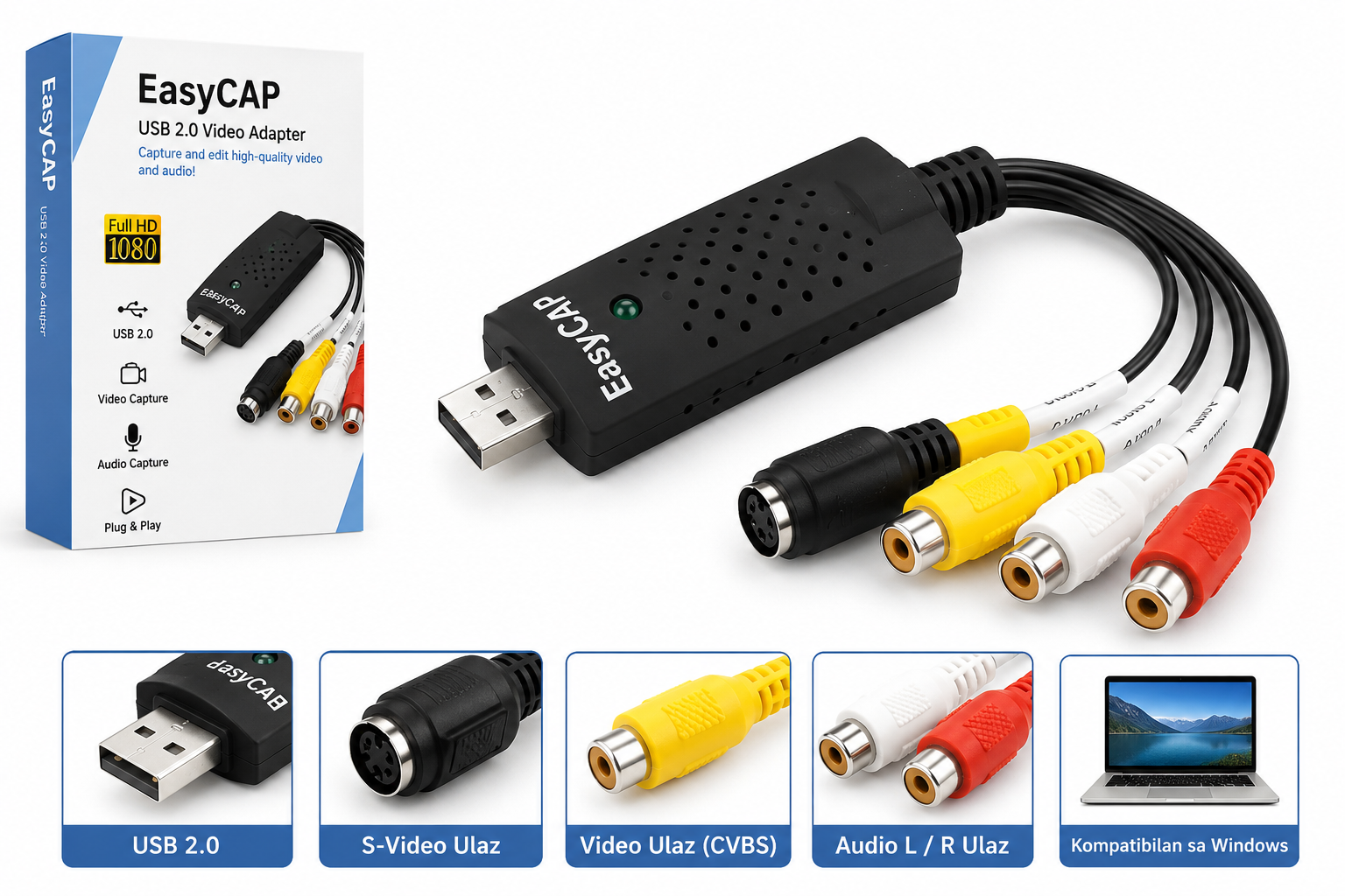 Easy CAP USB 2.0 Video Adapter za Snimanje i Prebacivanje Video Materijala sa Audio Ulazom i Video Capture Funkcijom