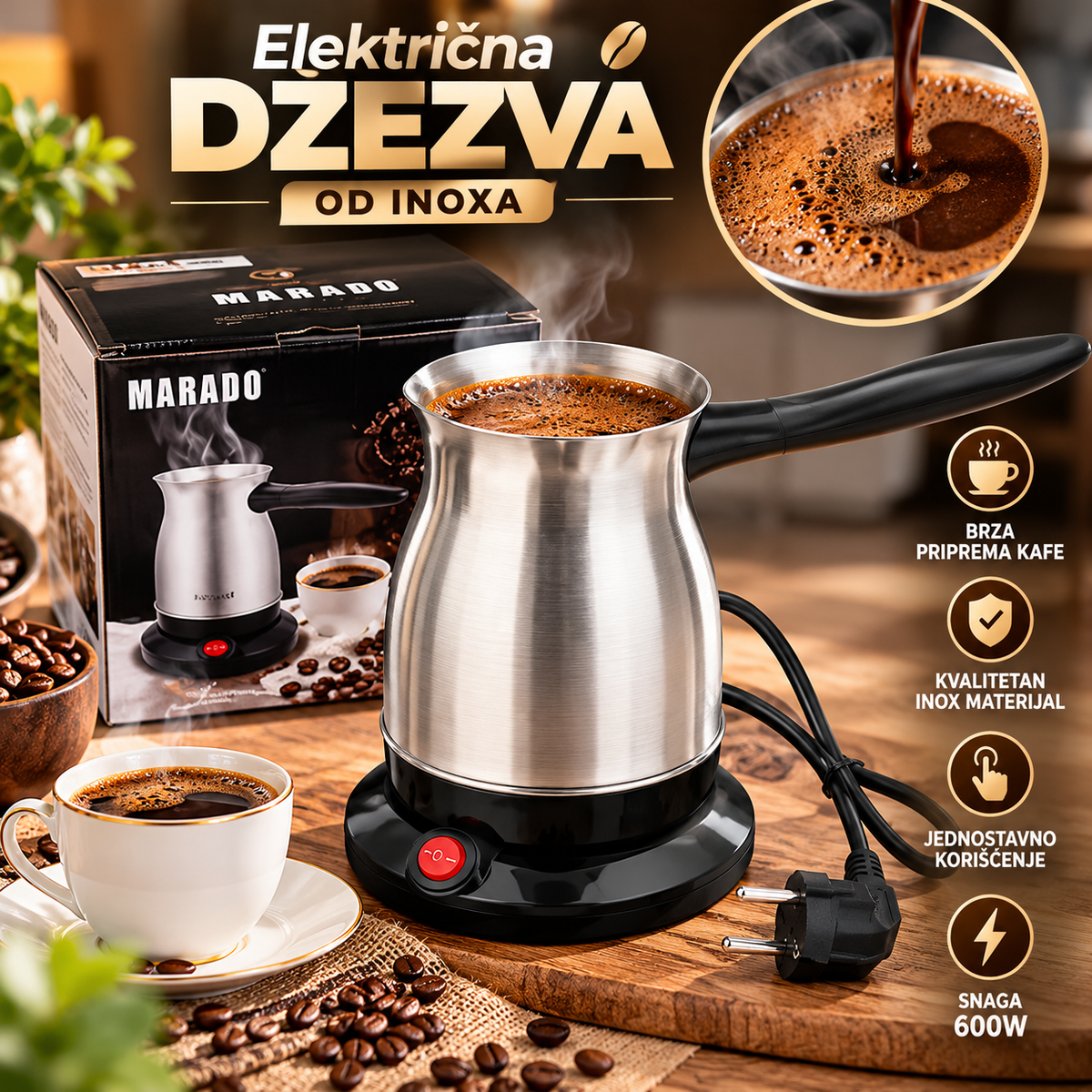 Električna INOX Džezva za Kafu – Aparat za Brzu i Jednostavnu Pripremu Kafe