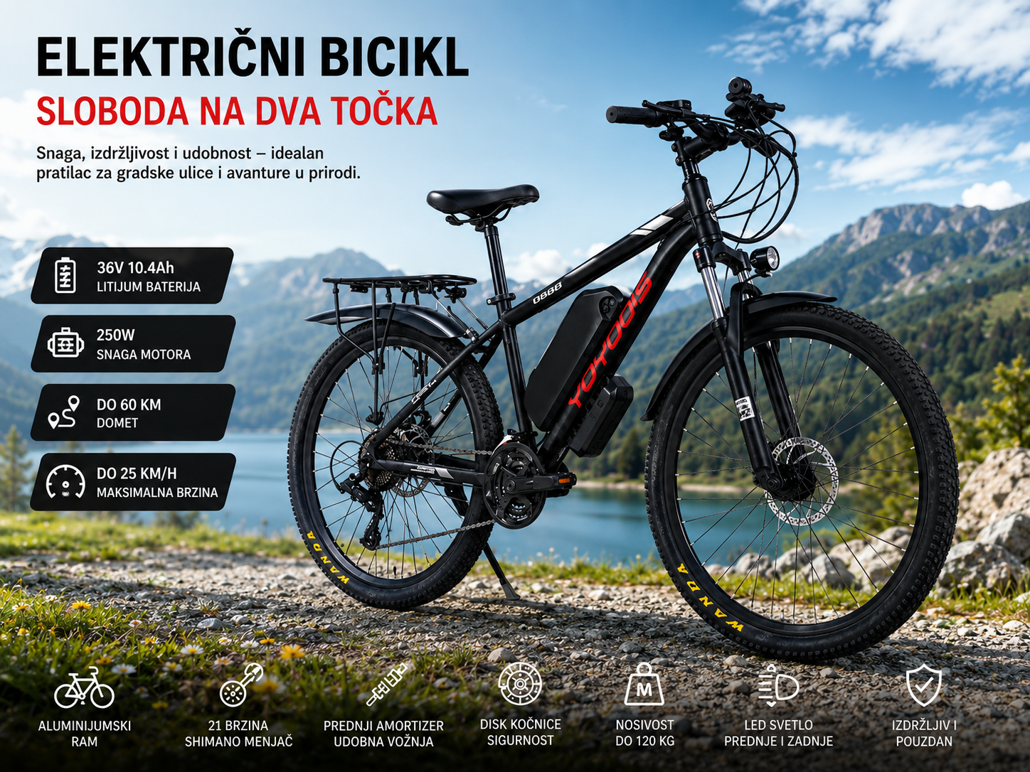 Električni Bicikl E-Bike – Snažan Motor, Dug Domet i Litijumska Baterija | Idealan za Gradsku i Terensku Vožnju