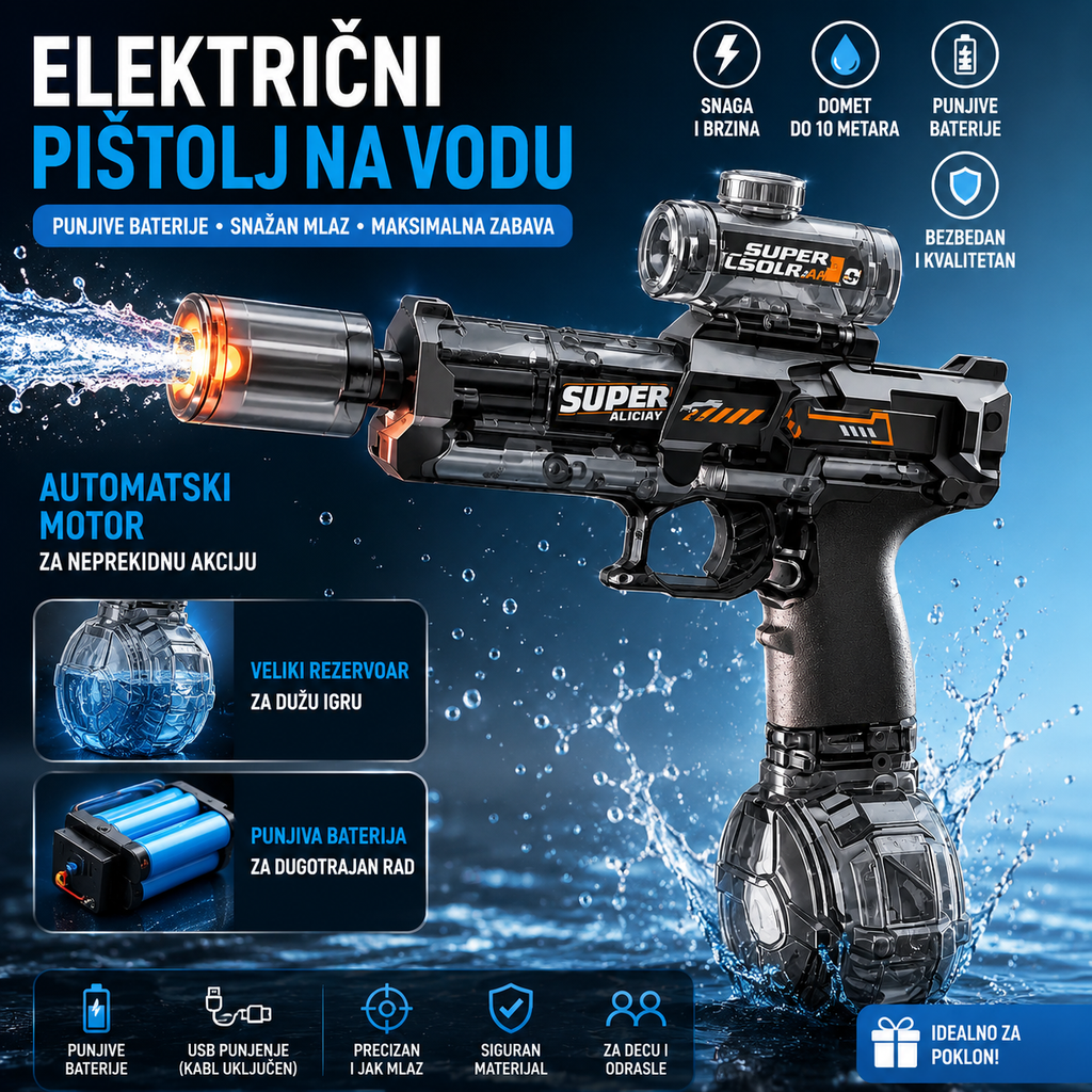 Električni Vodeni Pištolj sa Punjivom Baterijom – Automatski Pištolj na Vodu Velikog Dometa za Decu i Odrasle