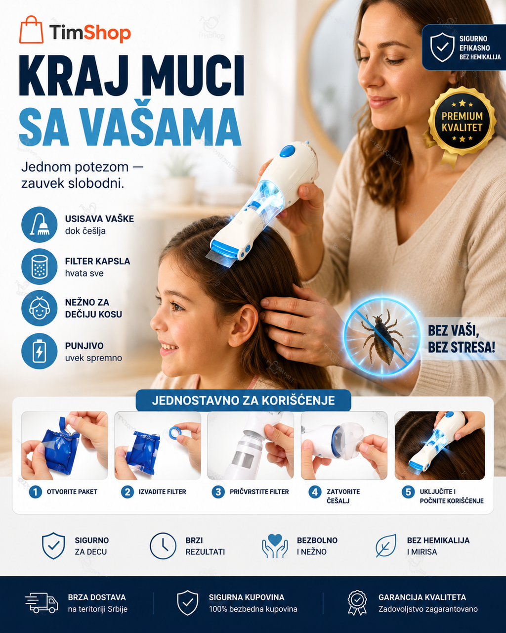 Električni Češalj za Vaške i Gnjide + Usisivač – Brzo Uklanjanje Vaški, Gnjida i Buva iz Kose