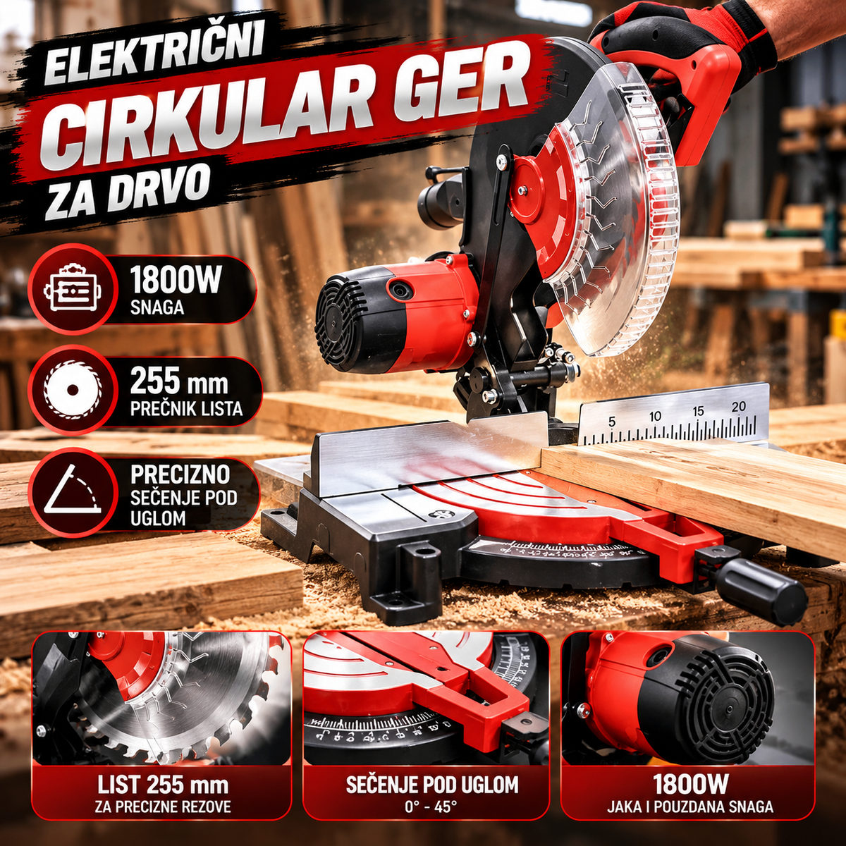 Električni Cirkular Ger za Drvo 1800W – Testera sa Listom Prečnika 255 mm