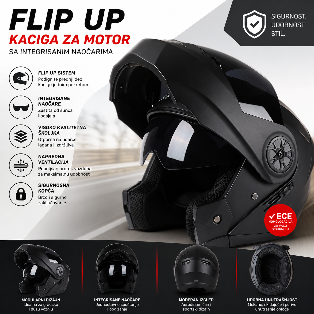 Flip Up Kaciga za Motor sa Sunčanim Naočarima – Modularna Moto Kaciga sa Vizirima i Ventilacijom