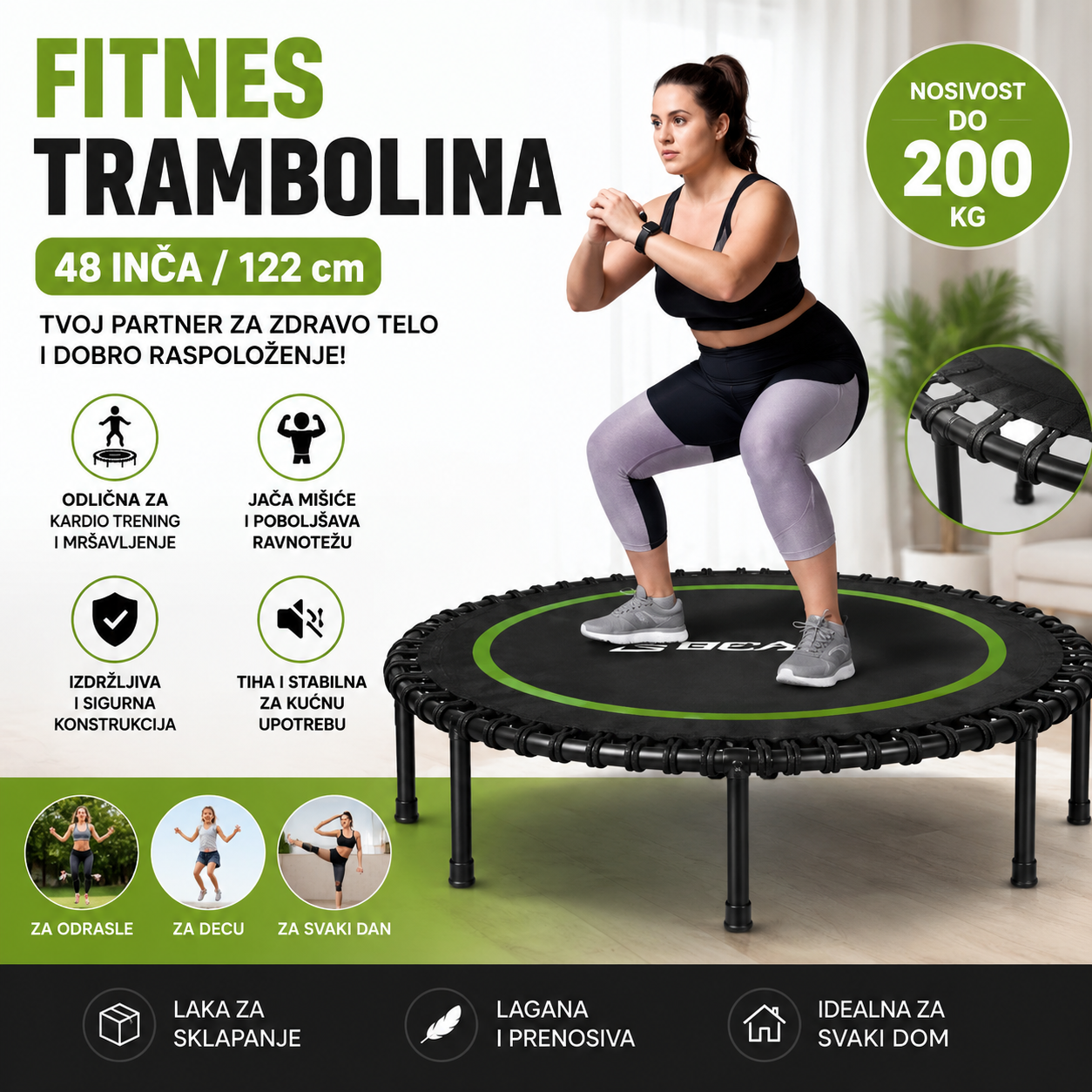 Fitnes Trambolina 122cm do 200kg – Profesionalna Mini Trampolina za Vežbanje, Kardio i Mršavljenje | 48 Inča Rebounder za Kućni Trening
