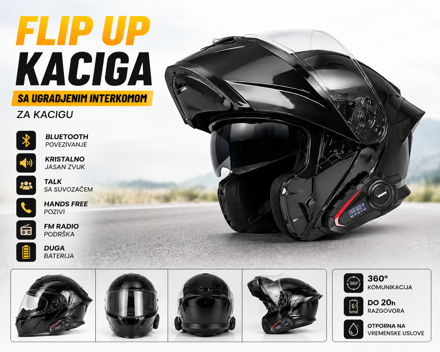 Moto Flip Up Kaciga sa Interkomom – Bluetooth, Sunčane Naočare i 360° Komunikacija