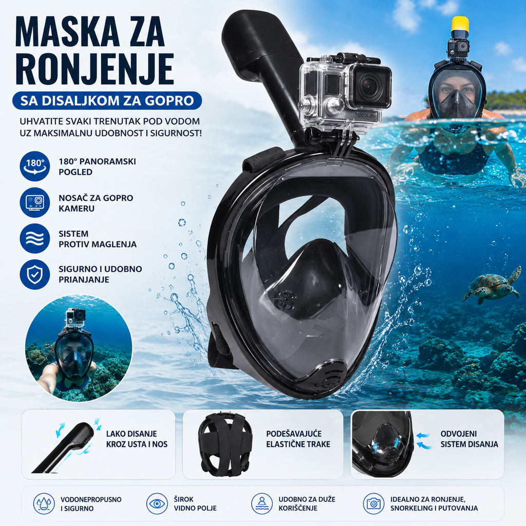 remium Full Face Maska za Ronjenje – Anti-Fog Sistem, GoPro Nosač i Suvo Disanje