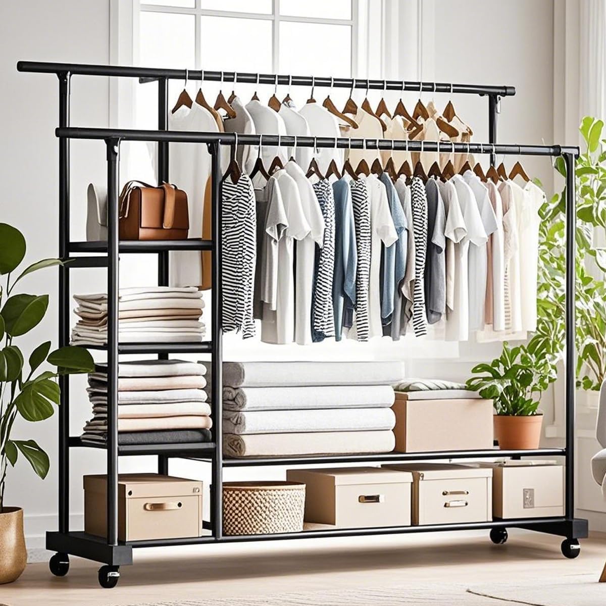 Garderober na točkićima 1.5 m – metalni stalak za odeću sa duplim stalkom i policom