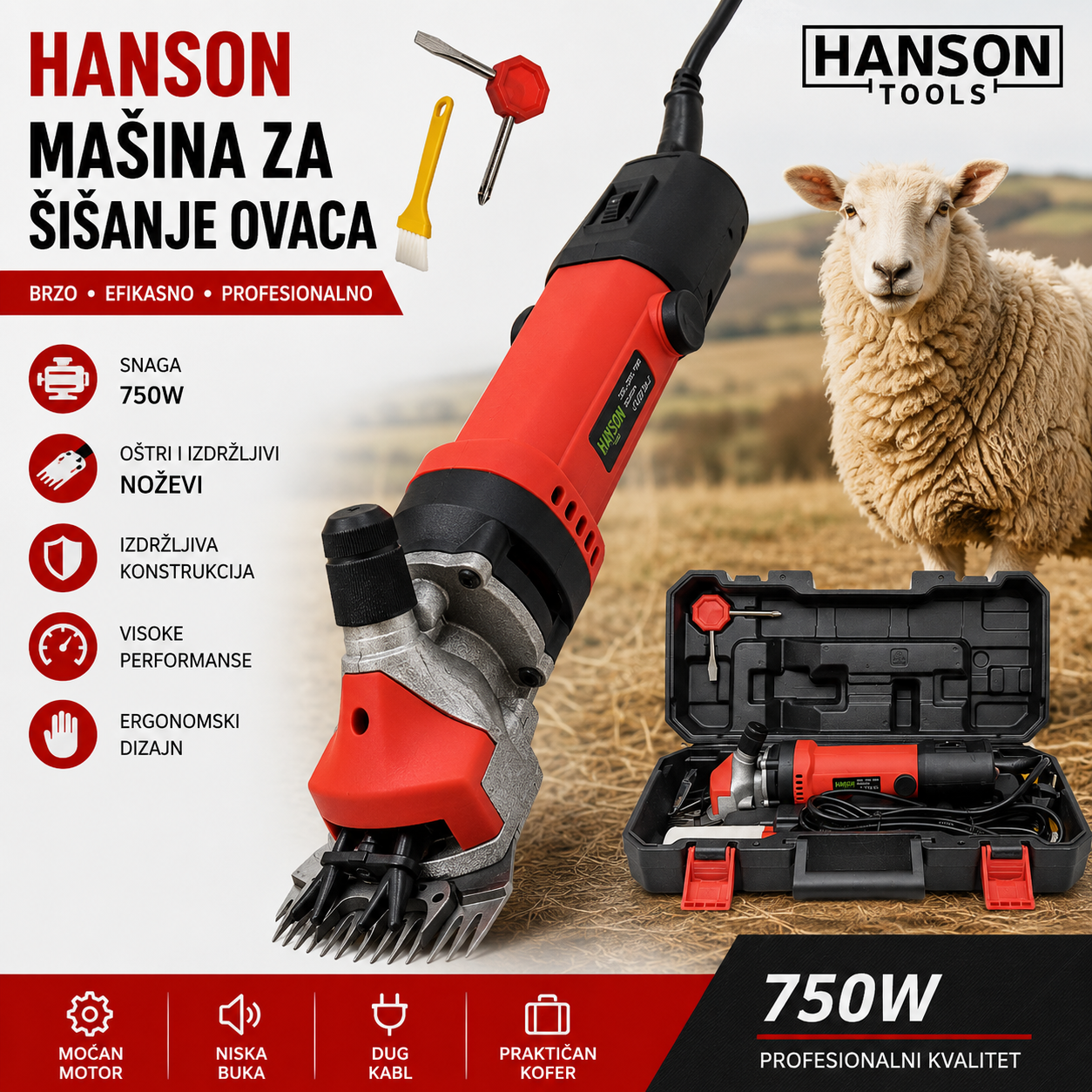 HANSON Mašina za Šišanje Ovaca 750W – Profesionalna Električna Mašinica za Brzo i Precizno Šišanje