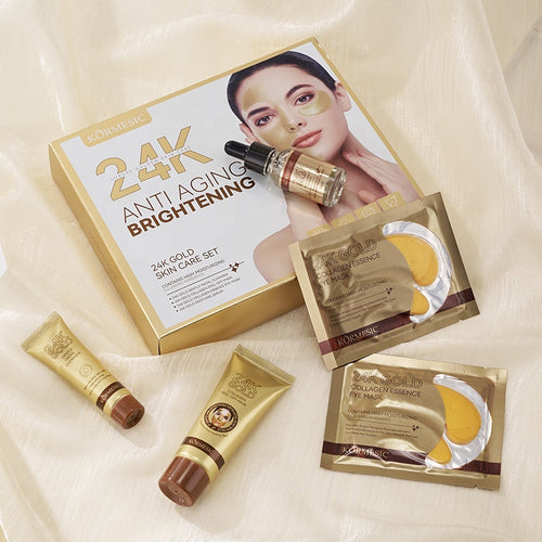 24K Zlatni Set za Negu Lica – Serum, Čistač, Peel-Off Maska i Maska za Oči za Hidrataciju, Protiv Bora i Čišćenje Pora