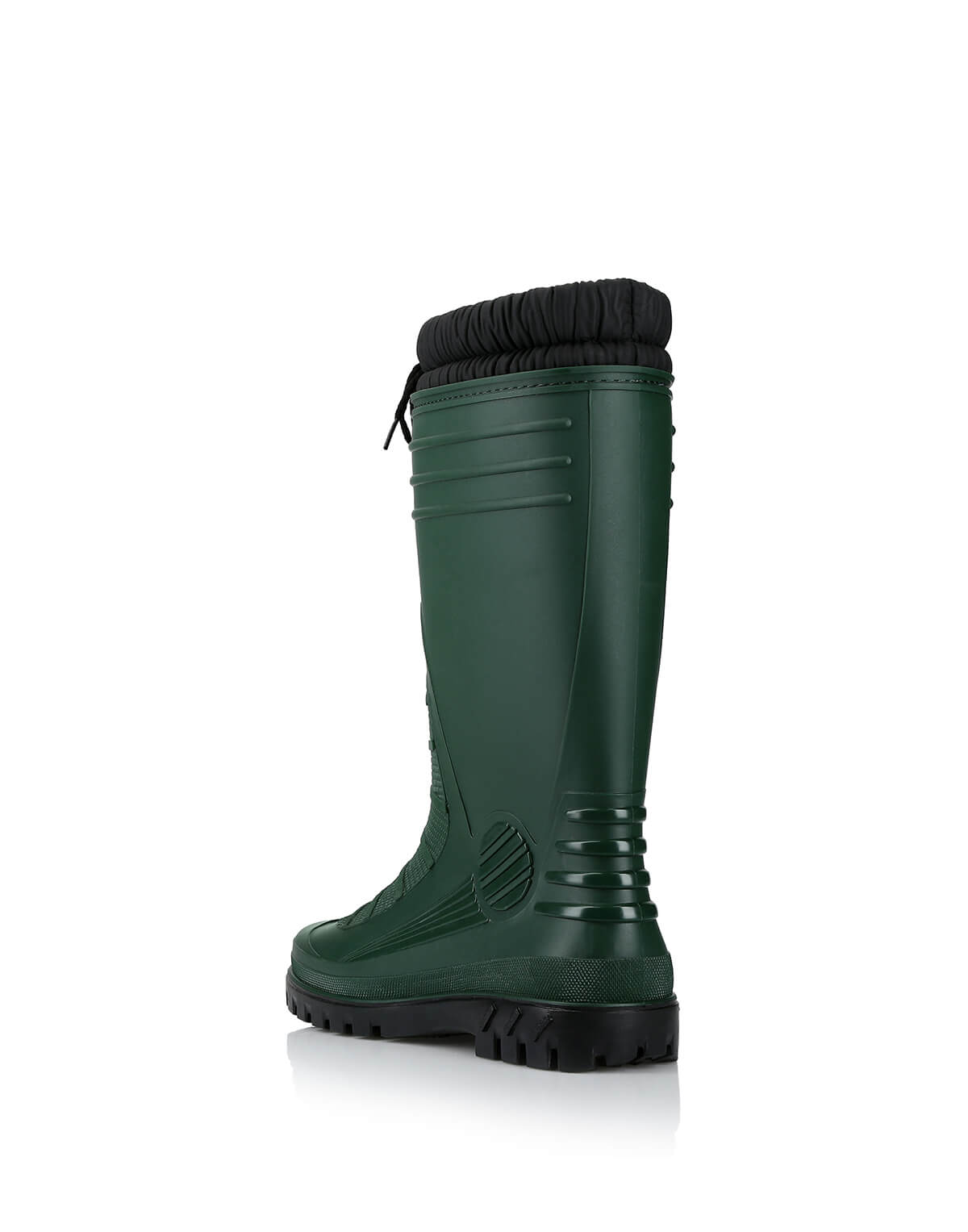 Green rubber boot with black sole on a white background