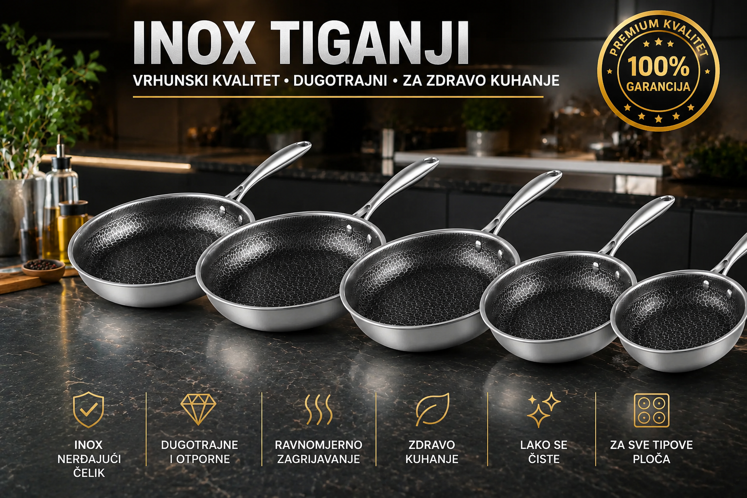 INOX Tiganji Premium Set – Nerđajući Čelik, Nelepljivi Tiganji za Indukciju i Sve Vrste Šporeta