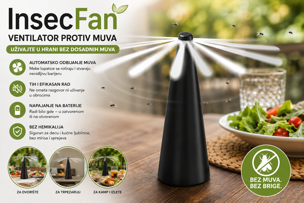 InsecFan Ventilator Protiv Muva za Sto – Zaštita Hrane Bez Hemikalija | Tihi Fly Fan za Terasu, Kuhinju i Piknik