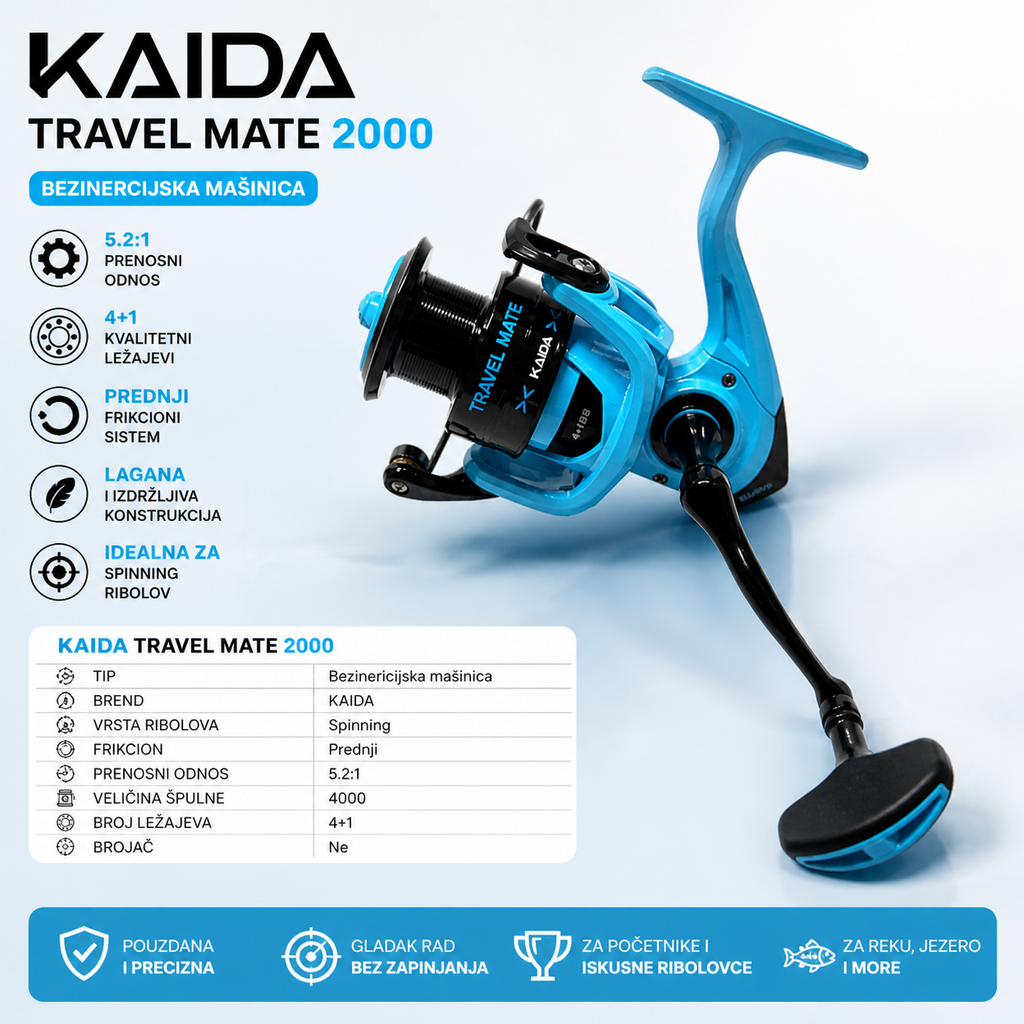 Kaida Travel Mate 2000 Mašinica za Ribolov – Bezineraciona Spinning Rola 5.2:1