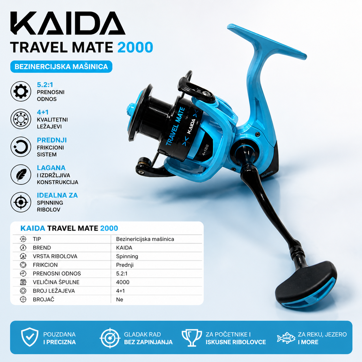 Kaida Travel Mate 2000 Mašinica za Ribolov – Bezineraciona Spinning Rola 5.2:1