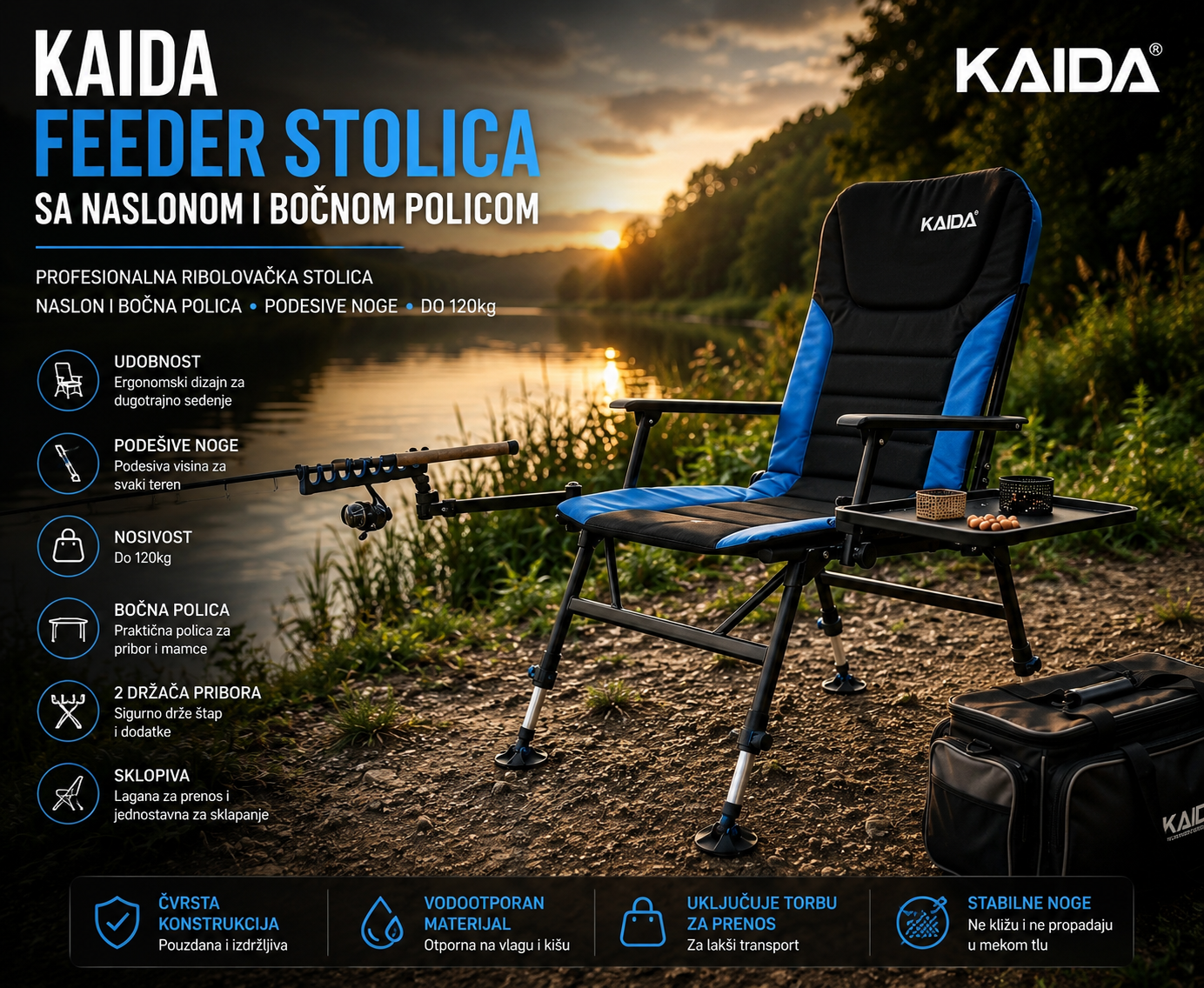Kaida Feeder Stolica sa Naslonom i Bočnom Policom – Profesionalna Ribolovačka Stolica sa Podesivim Nogama do 120kg