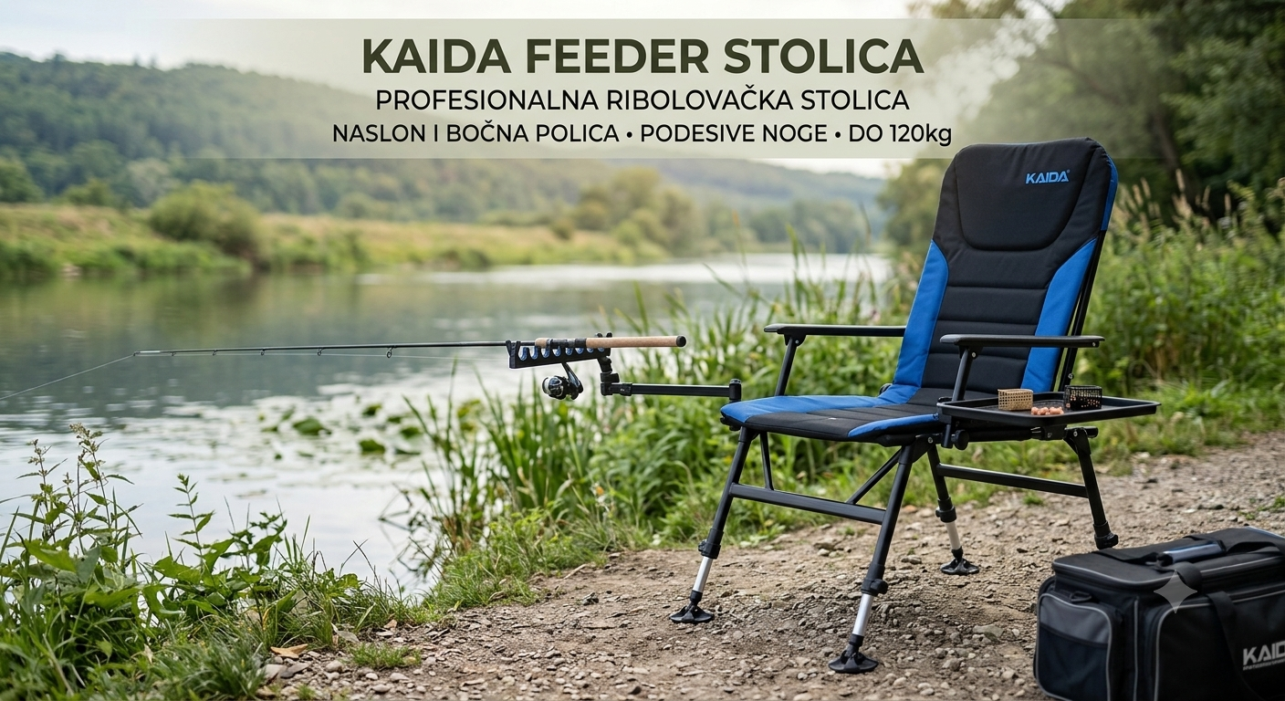 Kaida Feeder Stolica sa Naslonom i Bočnom Policom – Profesionalna Ribolovačka Stolica sa Podesivim Nogama do 120kg