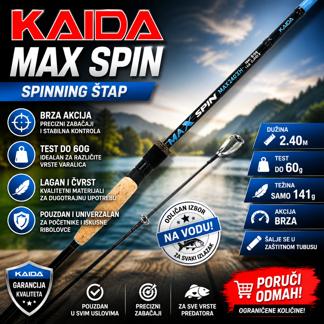 Kaida MAX SPIN 2.40m – Spinning Štap 60g za Precizan i Kontrolisan Ribolov