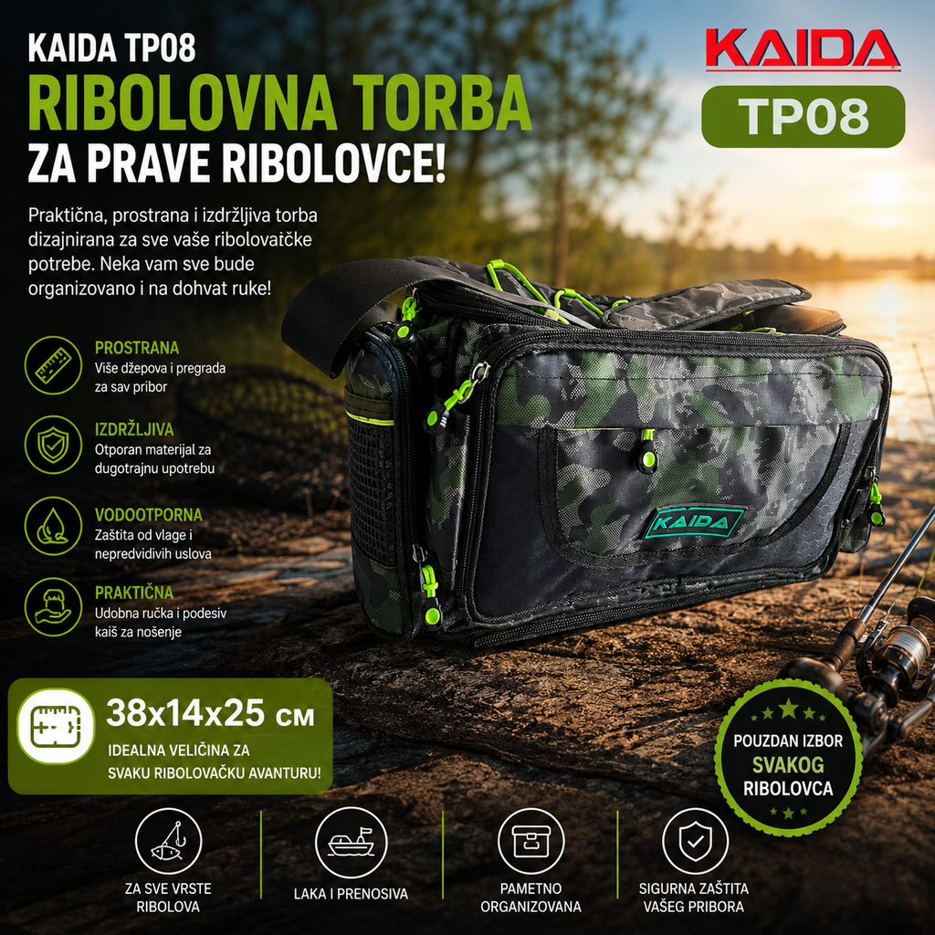Kaida TP08 Ribolovačka Torba – Profesionalna Vodoodbojna Torba sa Pregradama i Kaišem za Nošenje 38x14x25 cm