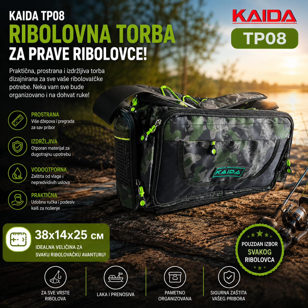Kaida TP08 Ribolovačka Torba – Profesionalna Vodoodbojna Torba sa Pregradama i Kaišem za Nošenje 38x14x25 cm