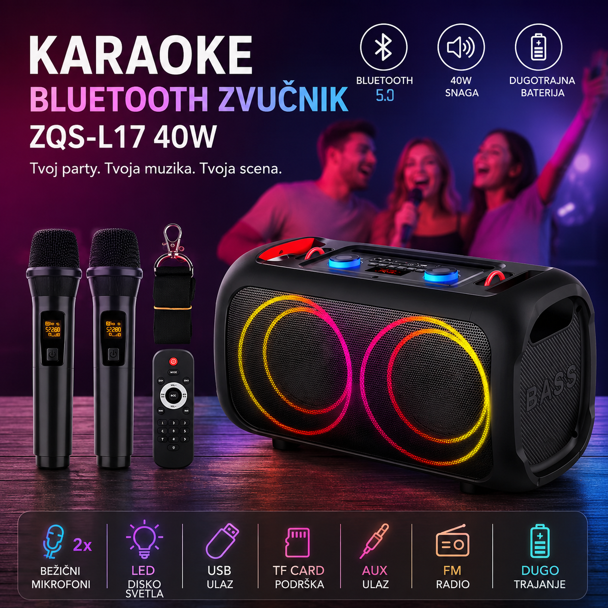 ZQS-L17 Karaoke Bluetooth Zvučnik 40W sa Mikrofonom i LED Svetlima