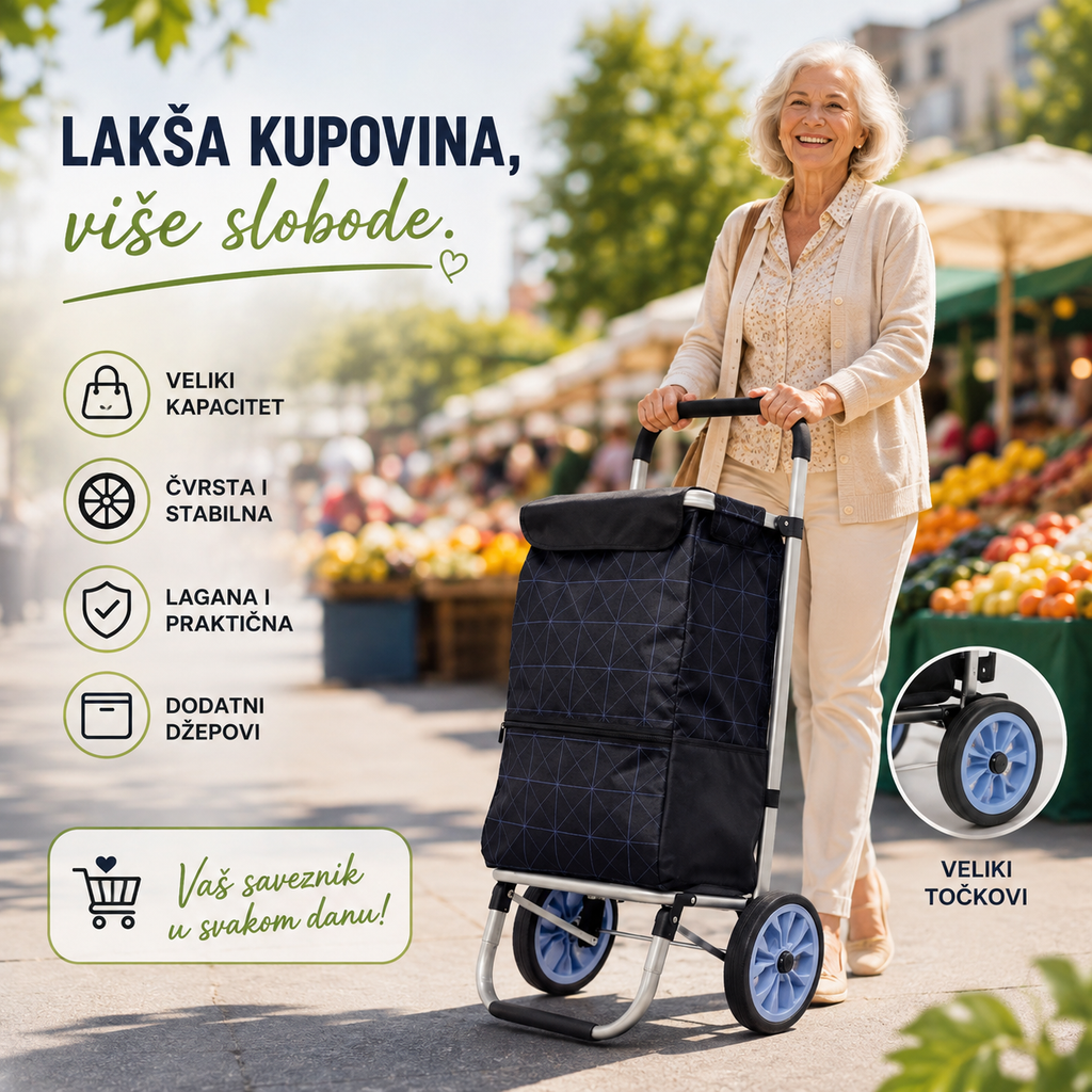 Kolica za Pijacu i Kupovinu – Sklopiva Kolica sa Torbom za Prenos Namirnica