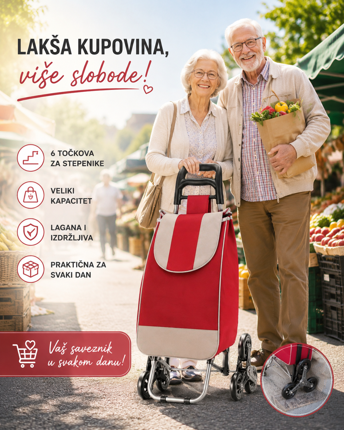 Kolica za Pijacu sa 6 Točkića za Stepenice – Sklopiva Kolica za Kupovinu i Prenos Namirnica