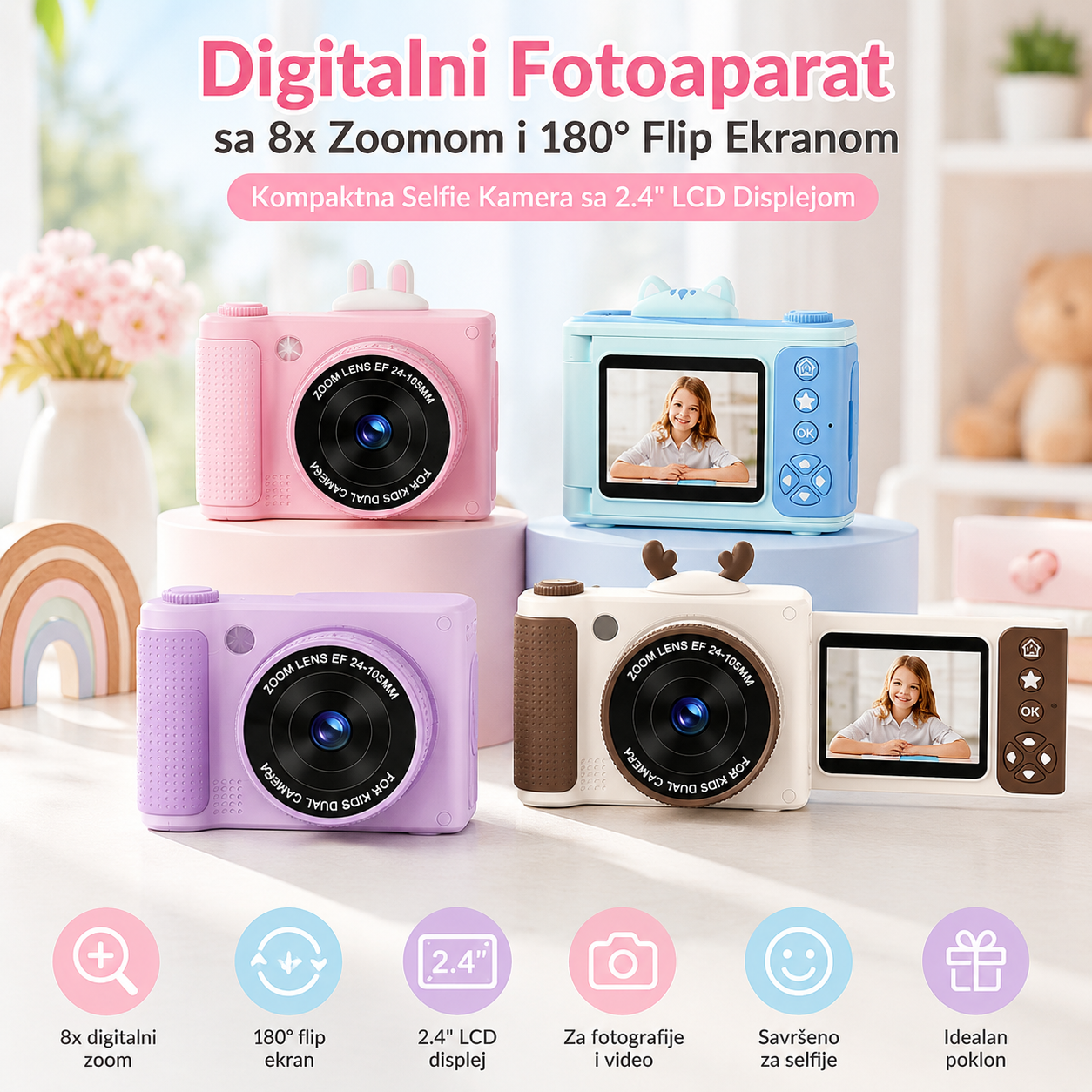 Kompaktni Digitalni Fotoaparat 8x Zoom – 180° Rotirajući Selfie Ekran 2.4" LCD