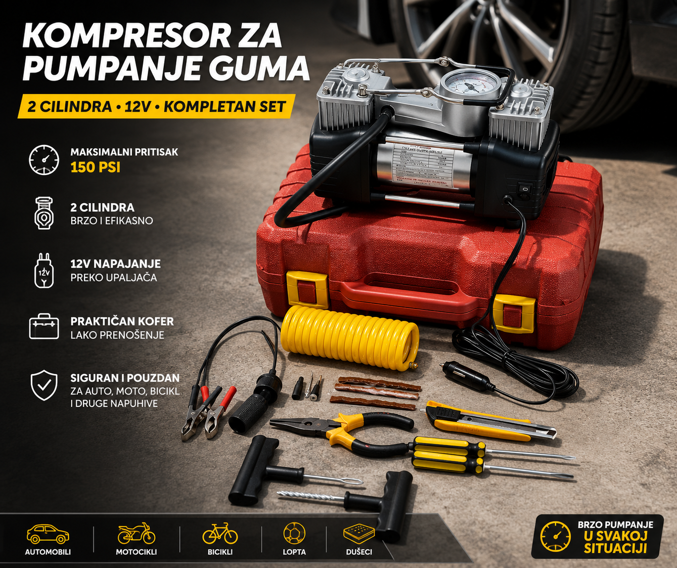 A 12V pneumatic tire pump kit displayed on a gray concrete surface, featuring a red plastic carrying case, a black and silver pump motor, a yellow coiled hose, and various hand tools including screwdrivers, pliers, and wrenches. The image includes promotional text in Croatian highlighting key features like 150 PSI pressure and 12V battery power.
